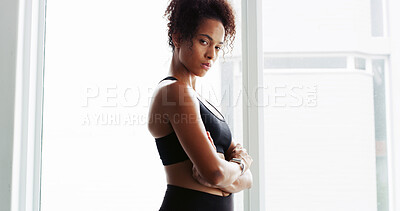 Buy stock photo Portrait, fitness and arms crossed with woman in gym for exercise, training or workout routine. Challenge, confident and athlete person in health club for improvement or performance with break