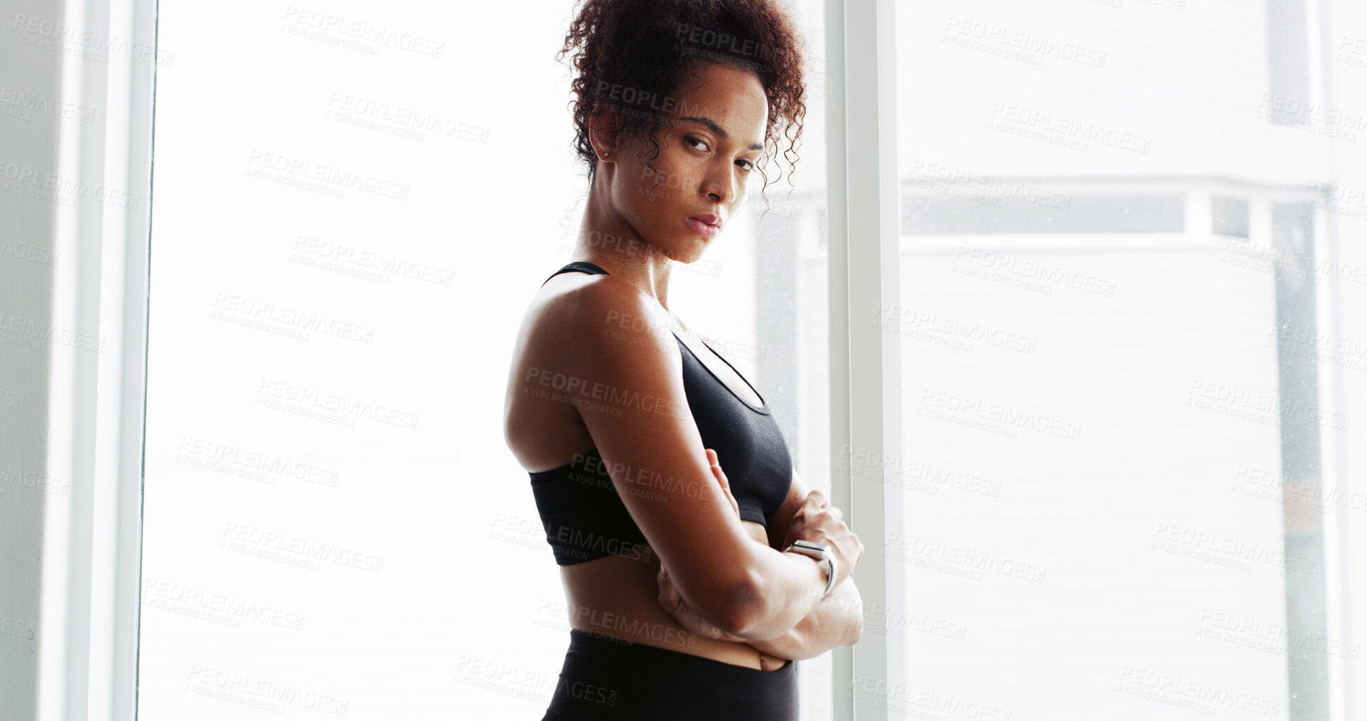 Buy stock photo Portrait, fitness and arms crossed with woman in gym for exercise, training or workout routine. Challenge, confident and athlete person in health club for improvement or performance with break
