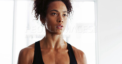Buy stock photo Thinking, fitness and woman tired for exercise, intense training and workout in morning. Sports, sweat and person with fatigue on break, resting and breathe for wellness, health and challenge in gym