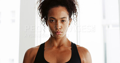 Buy stock photo Portrait, fitness and serious with woman in gym for start of exercise, training or workout routine. Challenge, confident and athlete person in health club for improvement or performance with sweat