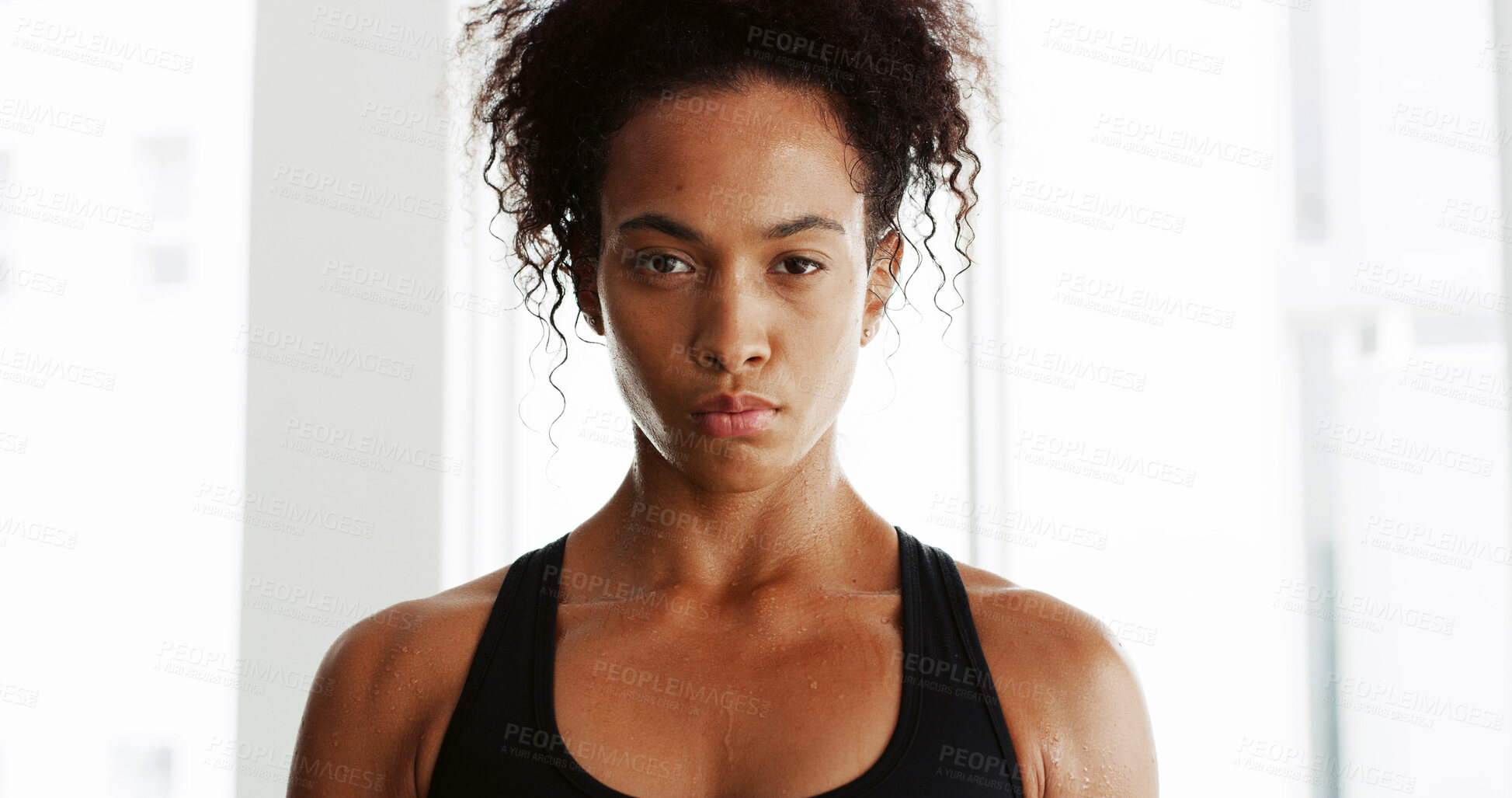 Buy stock photo Portrait, fitness and serious with woman in gym for start of exercise, training or workout routine. Challenge, confident and athlete person in health club for improvement or performance with sweat
