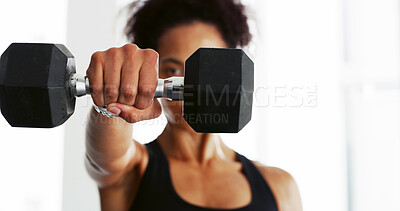 Buy stock photo Hand, dumbbell and fitness for muscle at gym, power or exercise for benefits, breathing and growth. Woman, strong and body builder with equipment, transformation or workout with weightlifting at club