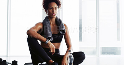 Buy stock photo Woman, gym and tired on floor, exercise and break with water bottle, wellness and breathing at training. Girl, exhausted and liquid for health, fatigue and burnout with rest, workout or fitness club