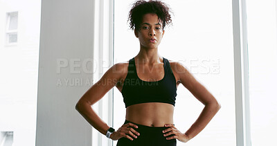 Buy stock photo Portrait, fitness and serious with woman in gym for exercise, training or workout routine. Challenge, confident and athlete person in health club window for improvement or performance with break