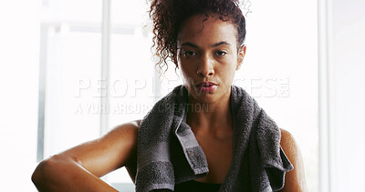 Buy stock photo Confident, fitness and towel with woman in gym for start of exercise, training or workout routine. Challenge, portrait and athlete person in health club for improvement or performance with sweat