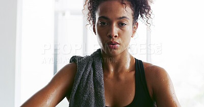 Buy stock photo Portrait, fitness break and towel with woman in gym for start of exercise, training or workout routine. Challenge, confident and athlete person in health club for improvement or performance sweat