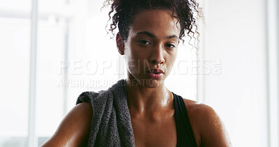 Buy stock photo Portrait, fitness and towel with woman in gym for start of exercise, training or workout routine. Challenge, confident and athlete person in health club for improvement or performance with sweat