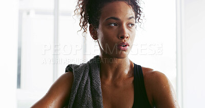 Buy stock photo Sweat, towel and woman tired for fitness, intense training and workout at gym in morning. Sports, exercise and person with fatigue on break, resting and breathe for wellness, health and challenge