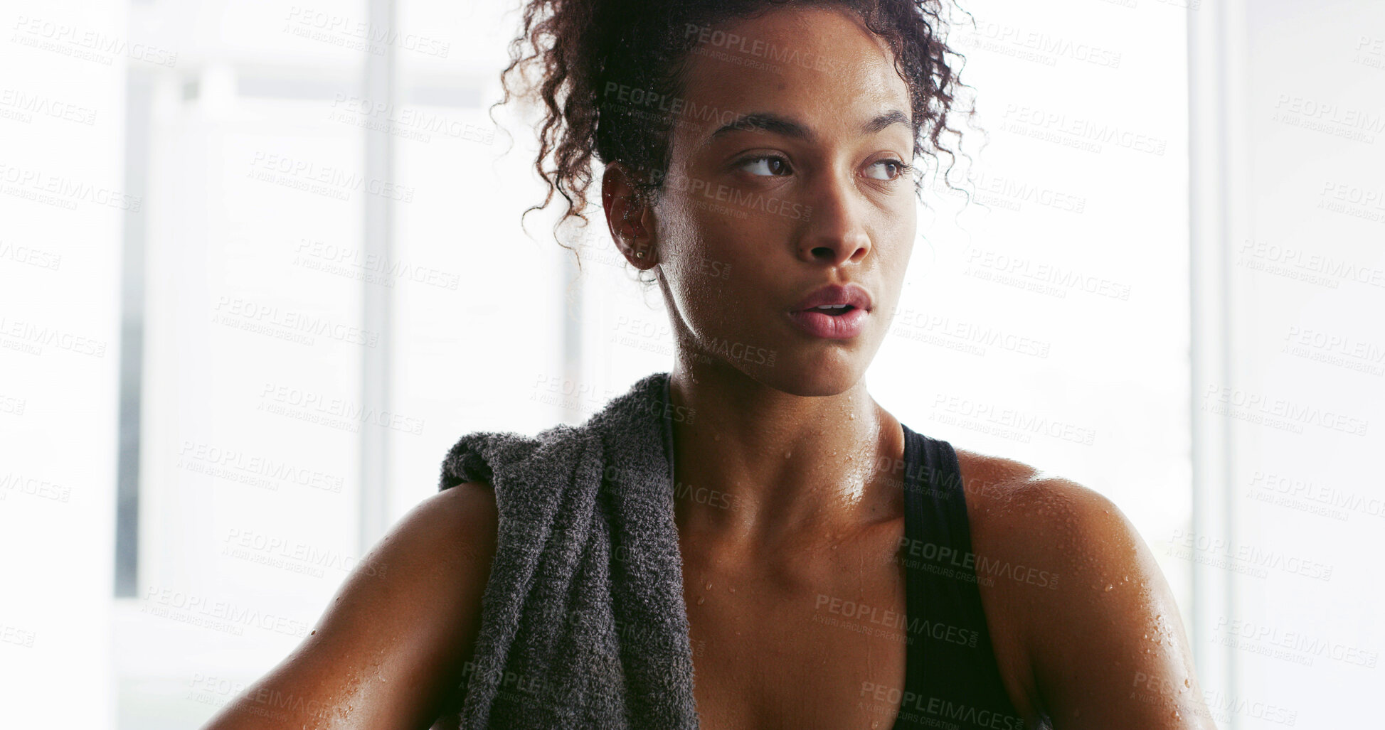 Buy stock photo Sweat, towel and woman tired for fitness, intense training and workout at gym in morning. Sports, exercise and person with fatigue on break, resting and breathe for wellness, health and challenge