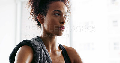 Buy stock photo Breathing, fitness and woman in gym, sweating and calm with break, training and workout. Person, athlete and runner in wellness center, fatigue and exhausted with challenge, exercise and towel