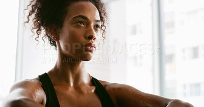 Buy stock photo Thinking, fitness and woman in gym, exercise and calm with break, resting and wellness. Healthy person, athlete and runner in center, challenge and wonder with workout, training and competitive
