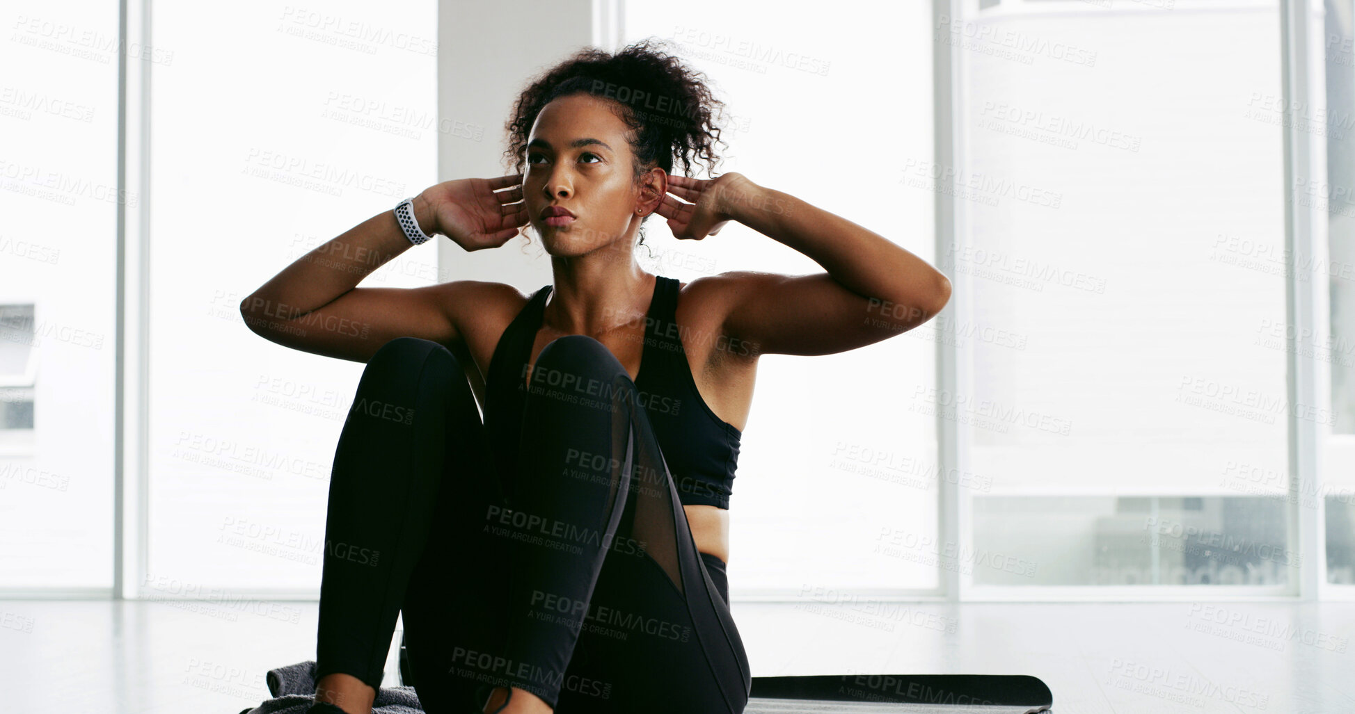 Buy stock photo Woman, gym and sit ups on floor for fitness, health and strong abdomen with challenge for power. Girl, workout and exercise in morning at wellness club for core muscle, change and healthy body