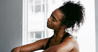 Buy stock photo Neck, stretch and warm up with woman in gym for exercise, training or workout routine. Sports challenge, confident and athlete person in health club for improvement or performance with break