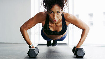 Buy stock photo Woman, dumbbells and push up on floor, gym and balance with power, challenge and exercise in morning. Girl, bodybuilder and strong with equipment, fitness and growth with change at wellness club