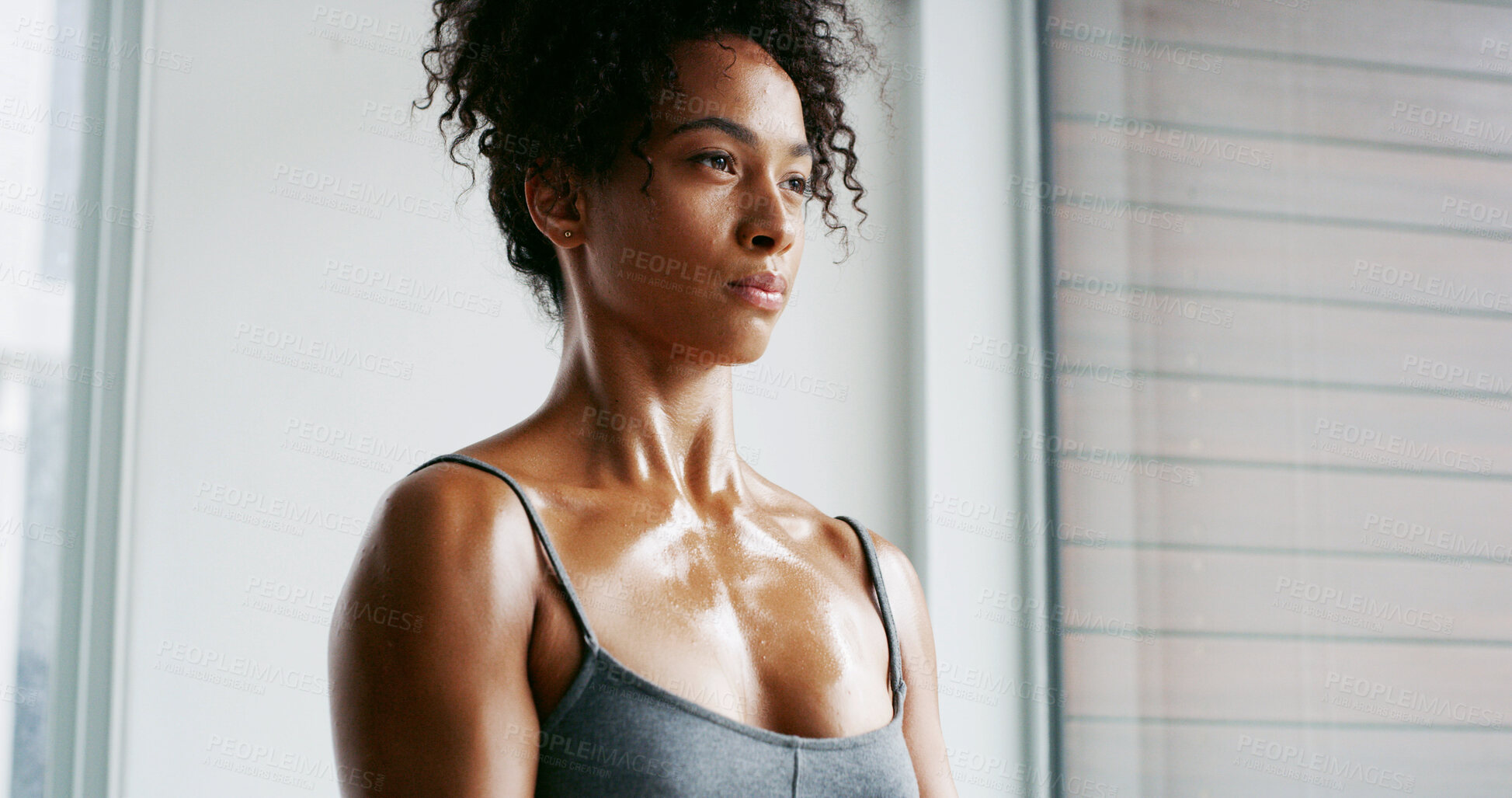 Buy stock photo Thinking, training and woman in gym, sweating and workout with break, resting and wellness. Healthy person, athlete and runner in center, challenge and exhausted with fatigue, tired and fitness