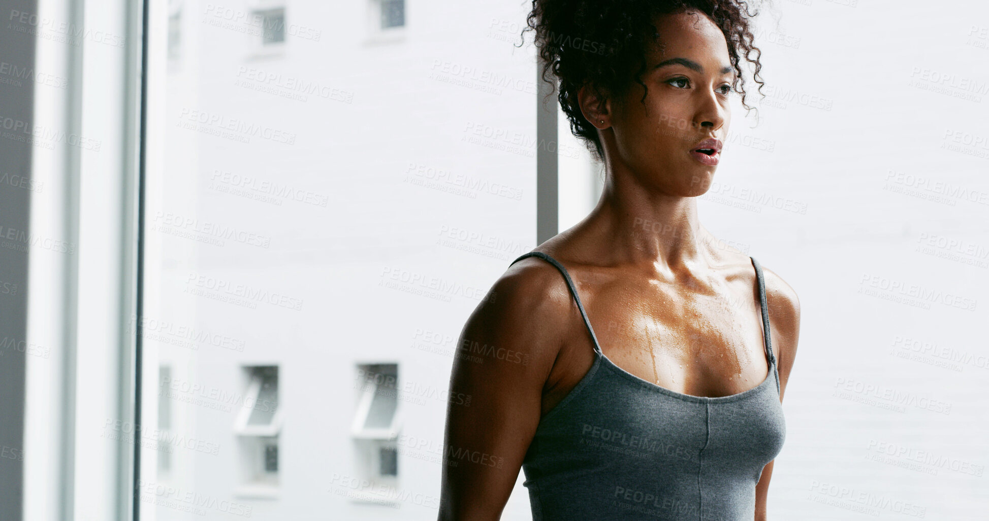 Buy stock photo Tired, fitness and woman in gym, sweating and challenge with break, resting and training. Healthy person, athlete or runner in wellness center, exercise or practice with workout, fatigue or breathing
