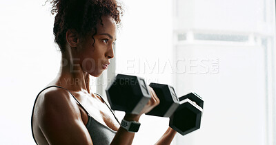 Buy stock photo Girl, gym and dumbbells for fitness, muscle and strong for challenge, resilience and power. Woman, workout and exercise in morning at wellness club for weight training, change and healthy body