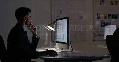Buy stock photo Thinking, computer and architecture with business man for floor plan, CAD project or night. Reflection, engineering blueprint and research with person in office for real estate developer and deadline