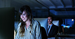 Overtime, contact support or happy woman on computer in customer service with sales, smile or telecom. Virtual assistant, consultant or call center agent with help, online advice or business in night