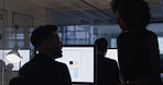 Computer, teamwork and planning with business people in office for mentor, web designer and night. Deadline, client briefing and ui software with employees in agency for collaboration and research