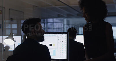 Buy stock photo Computer, teamwork and night with business people in office for mentor, web designer and planning. Deadline, client briefing and UI software with employees in agency for collaboration and research