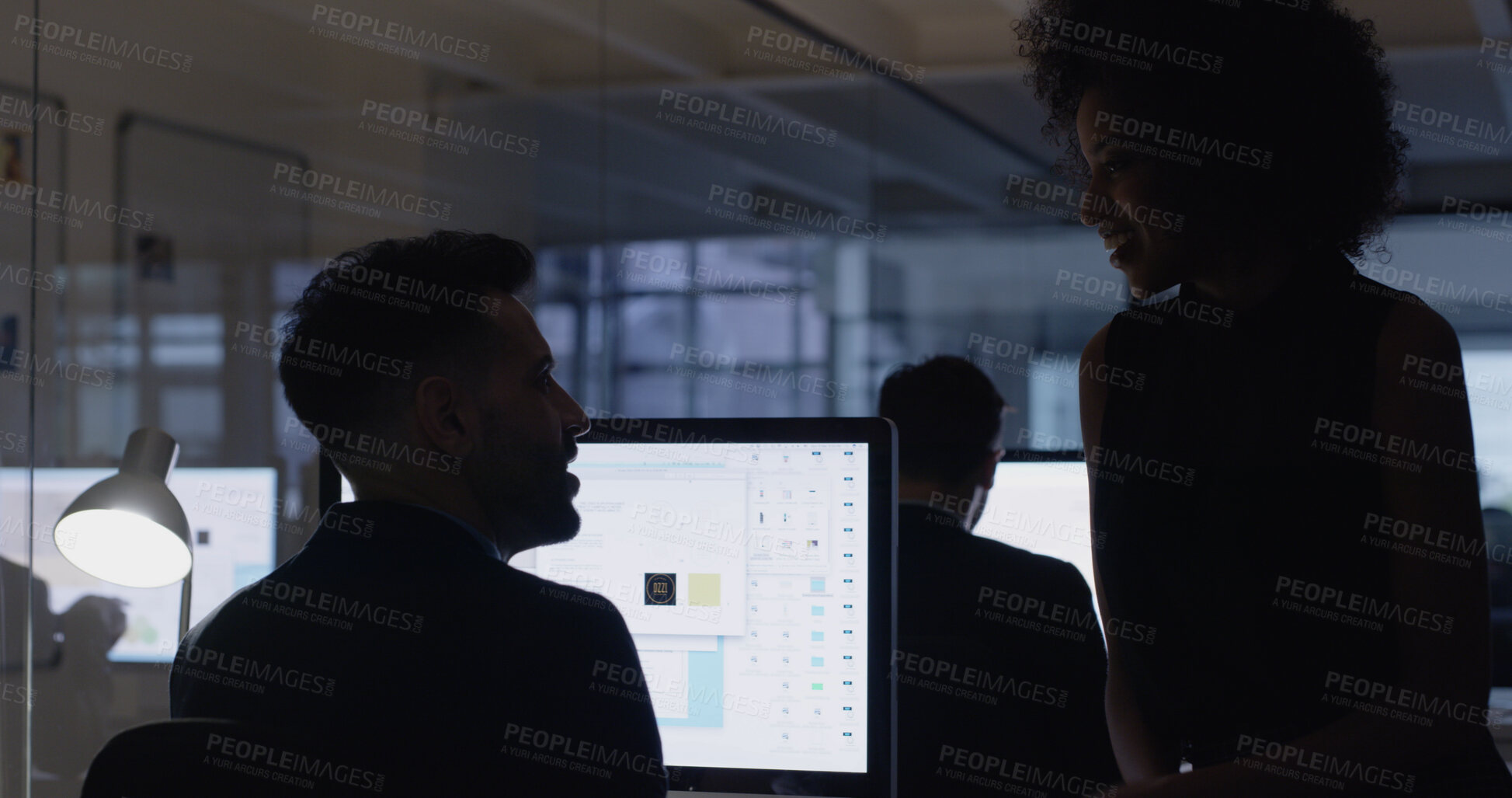 Buy stock photo Computer, teamwork and night with business people in office for mentor, web designer and planning. Deadline, client briefing and UI software with employees in agency for collaboration and research