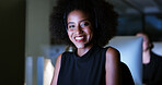 Night, portrait and happy woman in call center with sales, consultant and computer at help desk. Virtual assistant, consultant or customer service agent with mic headset, online support and smile