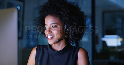 Buy stock photo Night, communication or black woman in call center with computer, smile or sales at help desk. Virtual assistant, answer or customer service agent with mic headset, online support and loan advice