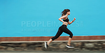 Buy stock photo Running, speed and woman on street, fitness and practice for marathon in morning, exercise or blurred. Mockup space, runner and person on road for workout, athlete and training with energy for sports