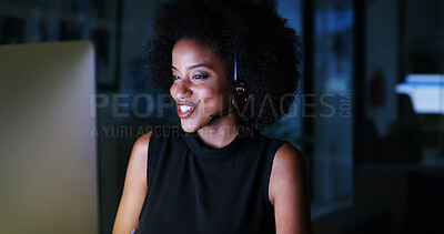 Buy stock photo Night, contact us or black woman in call center with computer, communication or sales at help desk. Virtual assistant, consultant or customer service agent with mic headset, online support or advice