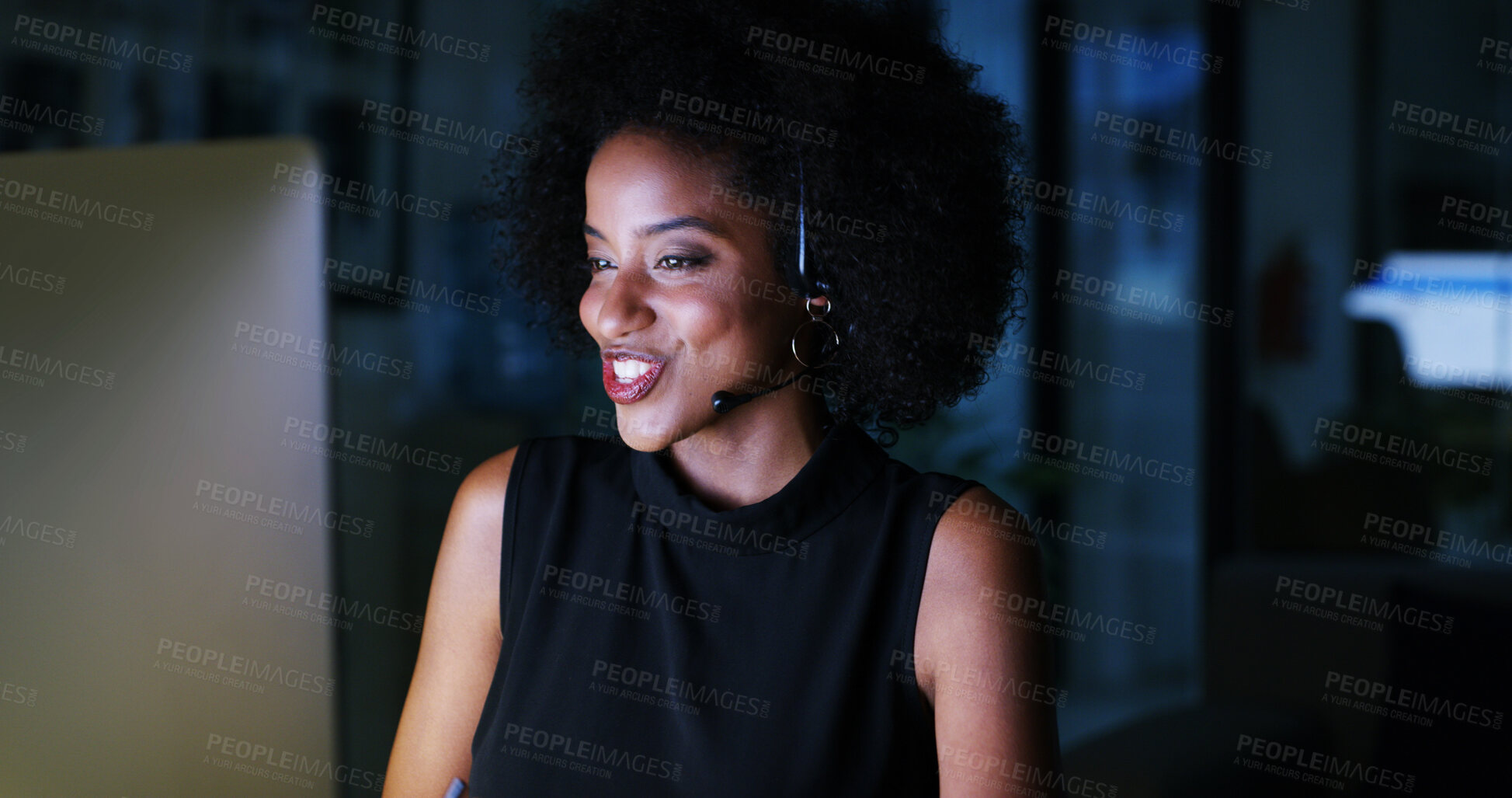 Buy stock photo Night, contact us or black woman in call center with computer, communication or sales at help desk. Virtual assistant, consultant or customer service agent with mic headset, online support or advice