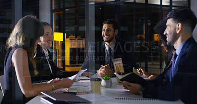 Buy stock photo Discussion, business people and night meeting for deal, partnership and collaboration in office. Corporate, group and teamwork conversation in boardroom for planning, support or unity with documents
