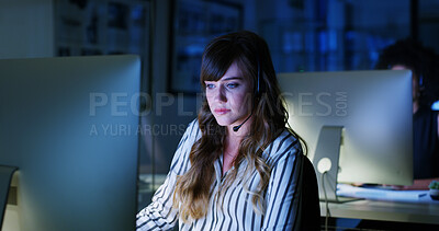 Buy stock photo Night, contact or businesswoman in call center with computer, communication or sales at help desk. Virtual assistant, consultant or customer service agent with mic headset, online support or advice