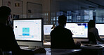 Team, computer and business people in office for planning, feedback and coworking in website design for company. Developer, manager and brainstorming at night for webpage, idea and project management