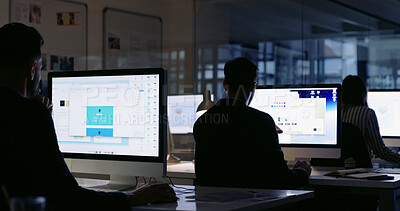 Buy stock photo Team, computer and business people at night for coworking, feedback and planning in website design. Developer, back and screen with overtime brainstorming for webpage, idea and project management