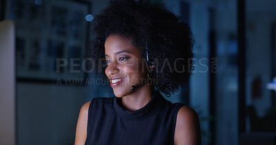 Buy stock photo Overtime, happy or black woman in call center with sales, feedback and smile on computer. Virtual assistant, consultant or customer service agent with headset, online support or business in night