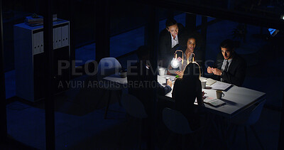 Buy stock photo Discussion, business people and night meeting for planning, partnership and office collaboration. Above, group and teamwork conversation in boardroom for strategy, support or information in documents