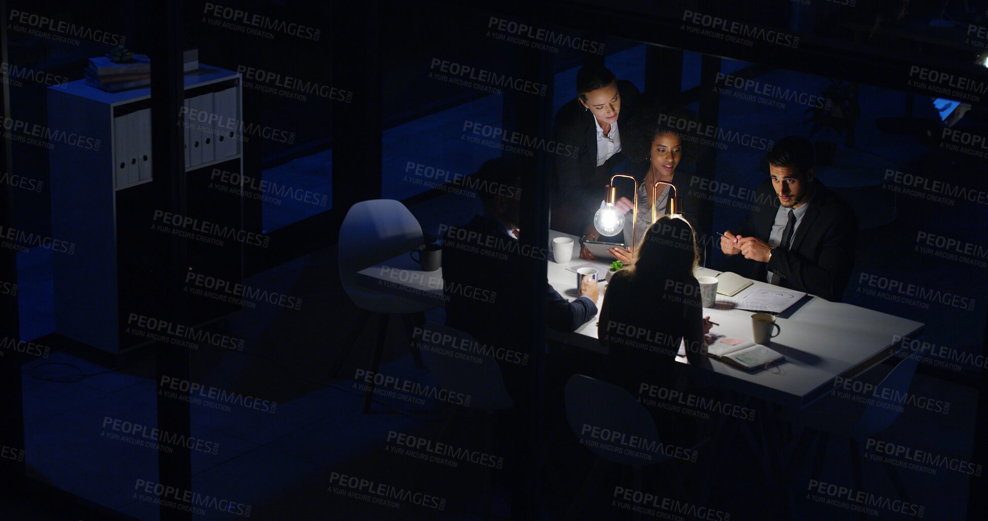 Buy stock photo Discussion, business people and night meeting for planning, partnership and office collaboration. Above, group and teamwork conversation in boardroom for strategy, support or information in documents