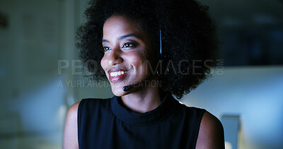 Buy stock photo Overtime, computer or happy woman in call center with sales feedback or smile in office. Virtual assistant, consultant or African customer service agent with mic, online support or business in night