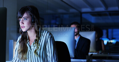Buy stock photo Overtime, contact support or woman on computer in call center with sales or telecom in office. Virtual assistant, consultant or customer service agent with help, online advice or business in night