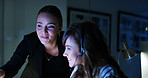 Night, training or people in call center with manager, computer or telecom for learning task in overtime. Virtual assistant, sales education or happy customer service agent with help, advice or smile