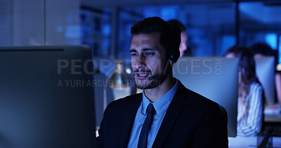 Buy stock photo Night, computer or businessman in call center with sales, communication or advice at help desk. Virtual assistant, consultant or customer service agent with mic headset, online support or feedback