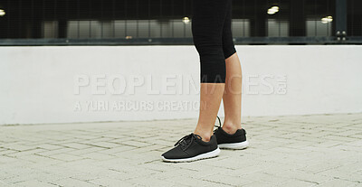 Buy stock photo Outdoor, closeup and woman with sneakers, fitness and exercise with comfort, training and workout. Person, runner and athlete in city, feet and shoes with balance, wellness and sportswear in street
