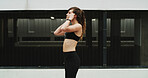 Girl, runner and earphones in city, exercise and ready with start, training and audio tech. Woman, wellness and profile with streaming subscription, sound and listen to music for fitness in Argentina