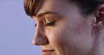 Studio, thinking and woman with smile, memory and closeup of person with positive attitude and wondering. Purple background, daydreaming and writer with inspiration for novel, thoughtful and remember