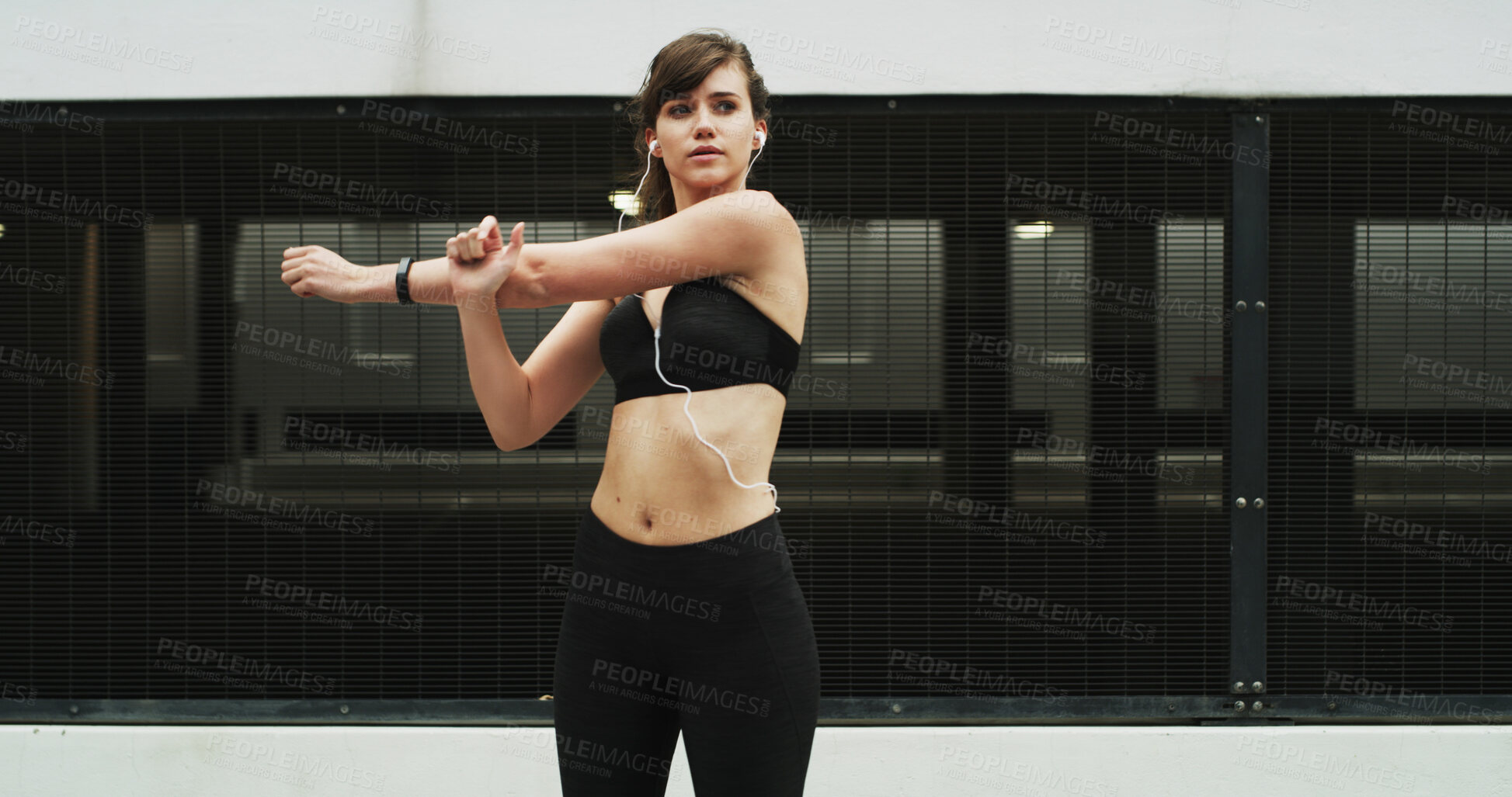 Buy stock photo Fitness, city and woman with warm up exercise for running with race, marathon or activity training. Sports, health and female person stretching for cardio workout with wellness in urban town.