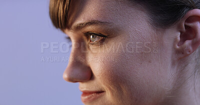 Buy stock photo Studio, profile and face of woman with thinking, smile and positive attitude with inspiration for university education. Happy, ideas and student girl with vision for future on purple background space