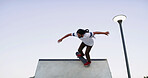 Man, skater and skating on ramp at park with balance, exercise and practice action trick for competition. Mockup space, skateboard and sports training for performance, hobby and adventure with talent