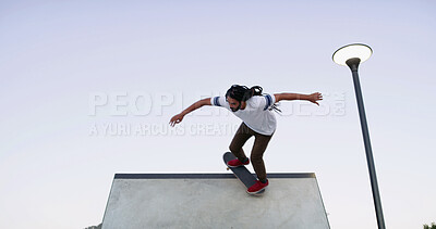 Buy stock photo Man, skater and skating on ramp at park with balance, exercise and practice action trick for competition. Mockup space, skateboard and sports training for performance, hobby and adventure with talent