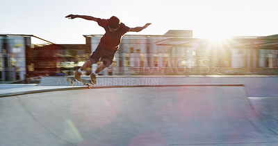 Buy stock photo Man, skateboard and skating jump at park with balance, fitness and practice action trick for sports competition. Sunshine, skater or ramp training for performance, recreation or adventure with talent